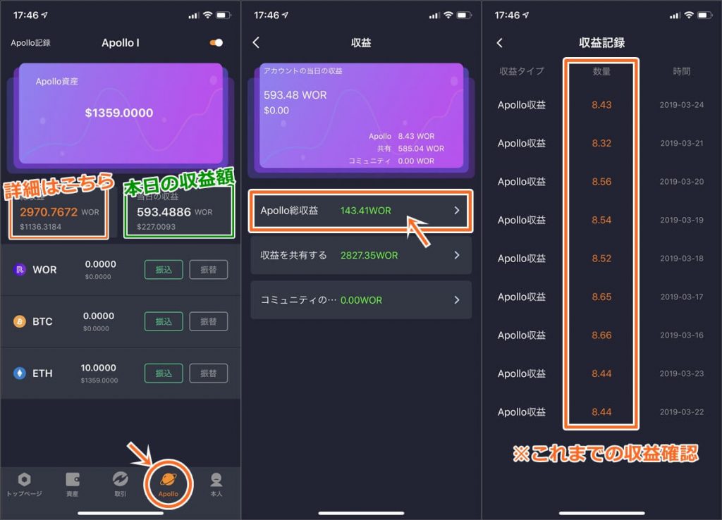 wotokenの配当確認方法
