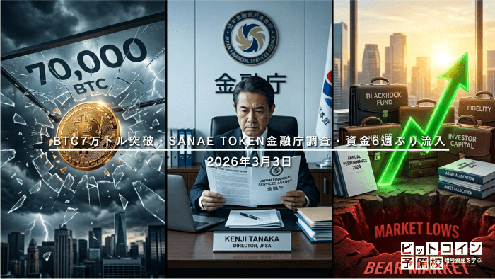 2026年3月3日|BTC7万ドル突破・SANAE TOKEN規制調査・投資商品6週ぶり純流入