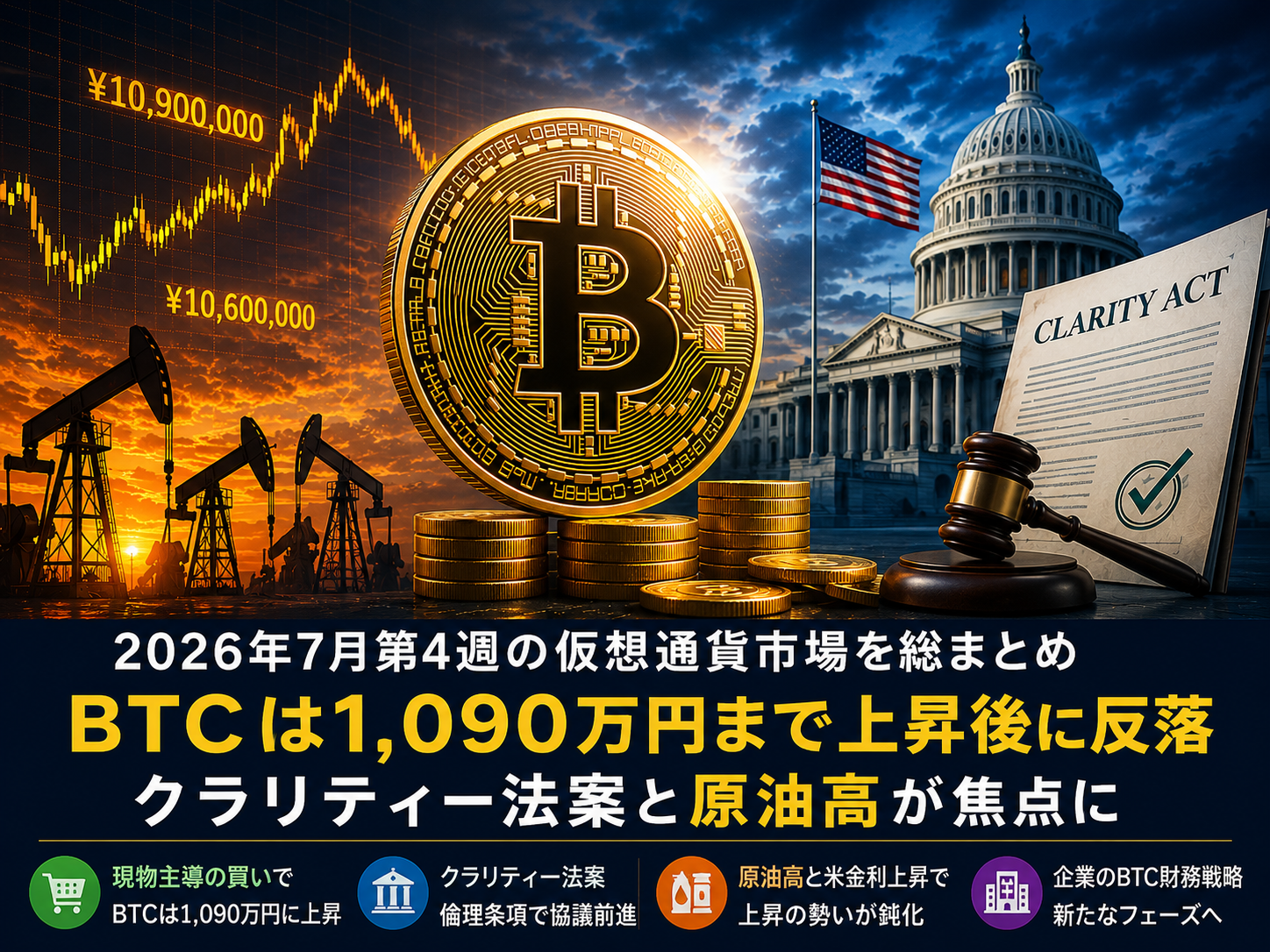 2026年7月第4週｜BTCは1,090万円まで上昇後に失速　クラリティー法案と原油高が焦点