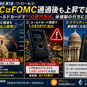 2026年8月第1週｜BTCはFOMC通過後も6.4万ドル台　ストラテジー戦略転換と110億円流出