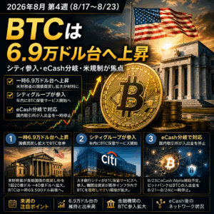 2026年8月第4週｜BTC版｜6.9万ドル台へ上昇　シティ参入・eCash分岐・米規制が焦点