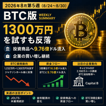 2026年8月第5週|BTC版|1300万円を試すも反落 投資商品へ9.76億ドル流入、企業買い増し継続