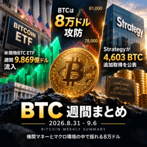 2026年9月第1週｜BTC版｜ETFに9.87億ドル流入、Strategyが4,603 BTC取得　8万ドル攻防