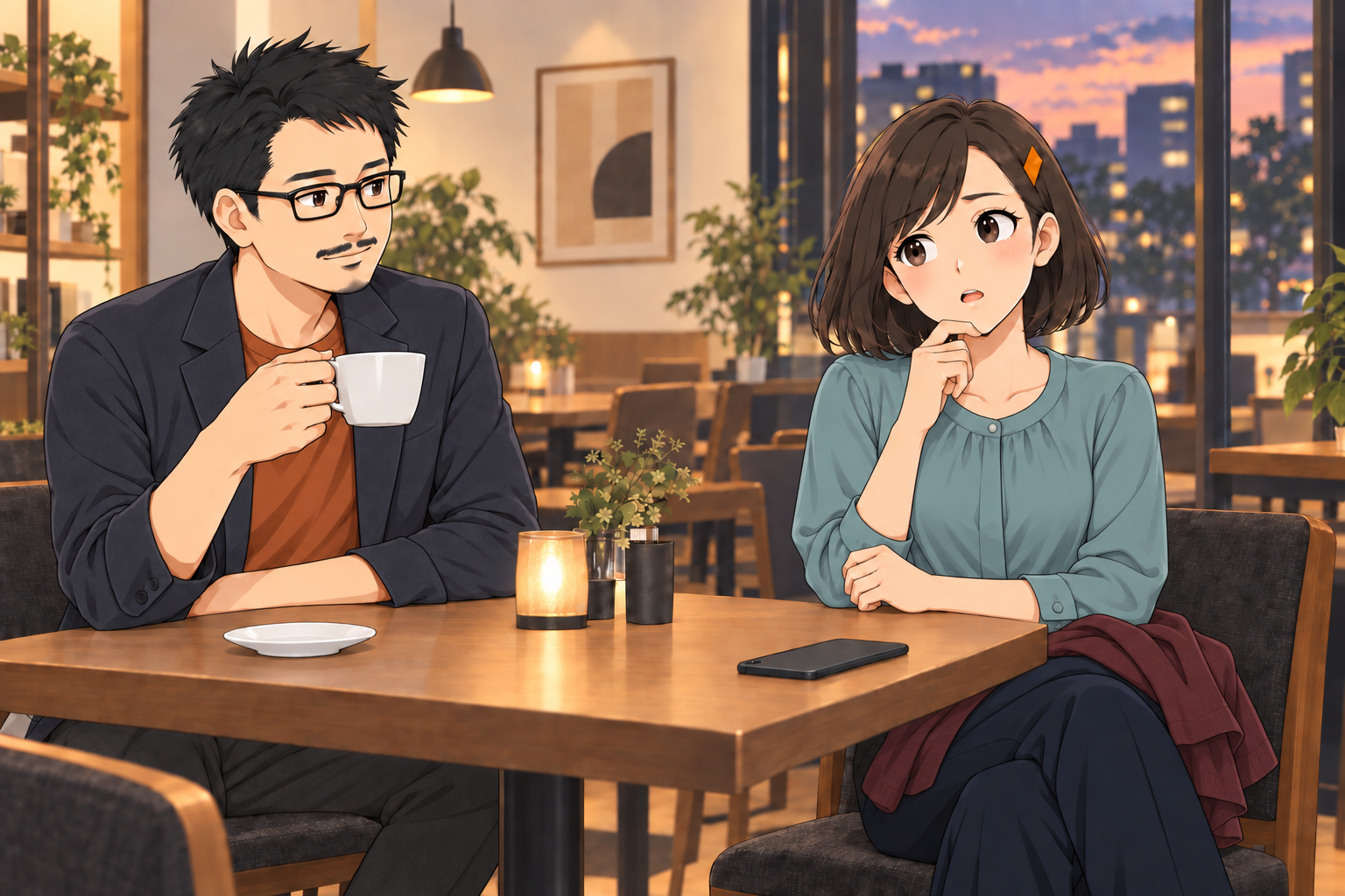 初秋のカフェで、伏せたスマートフォンを前にしたミサキと、コーヒーを飲む塾長