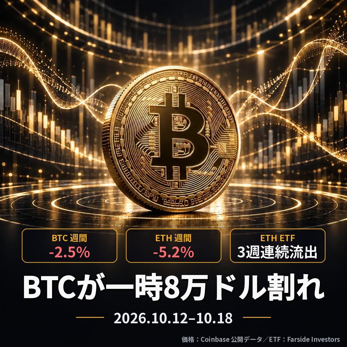 2026年10月第3週｜BTC・ETH週間まとめ｜米国の物価指標が予想を上回り、BTCは一時8万ドル割れ
