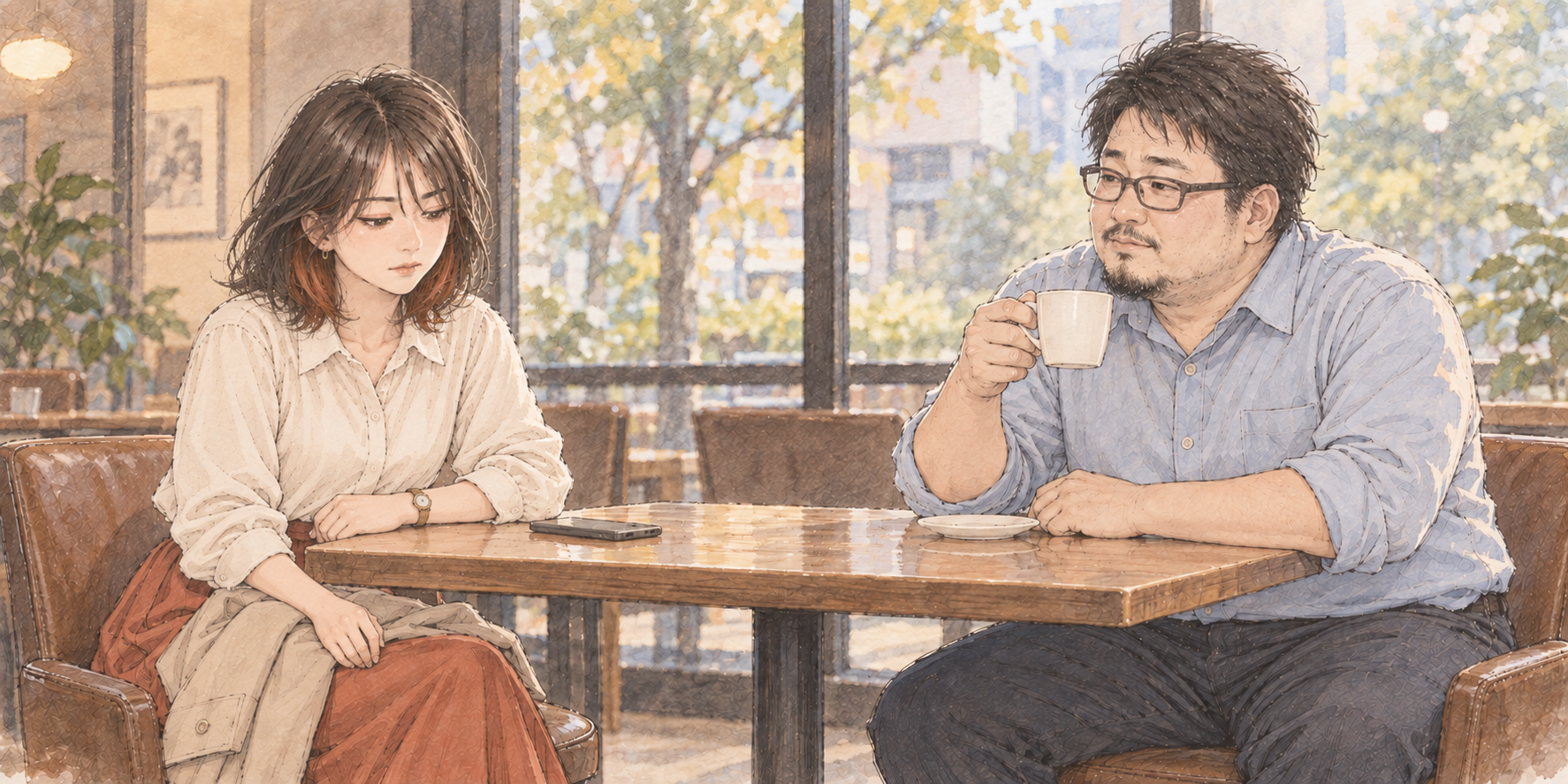 初秋のカフェで、伏せたスマートフォンを前にしたミサキと、コーヒーを飲む塾長