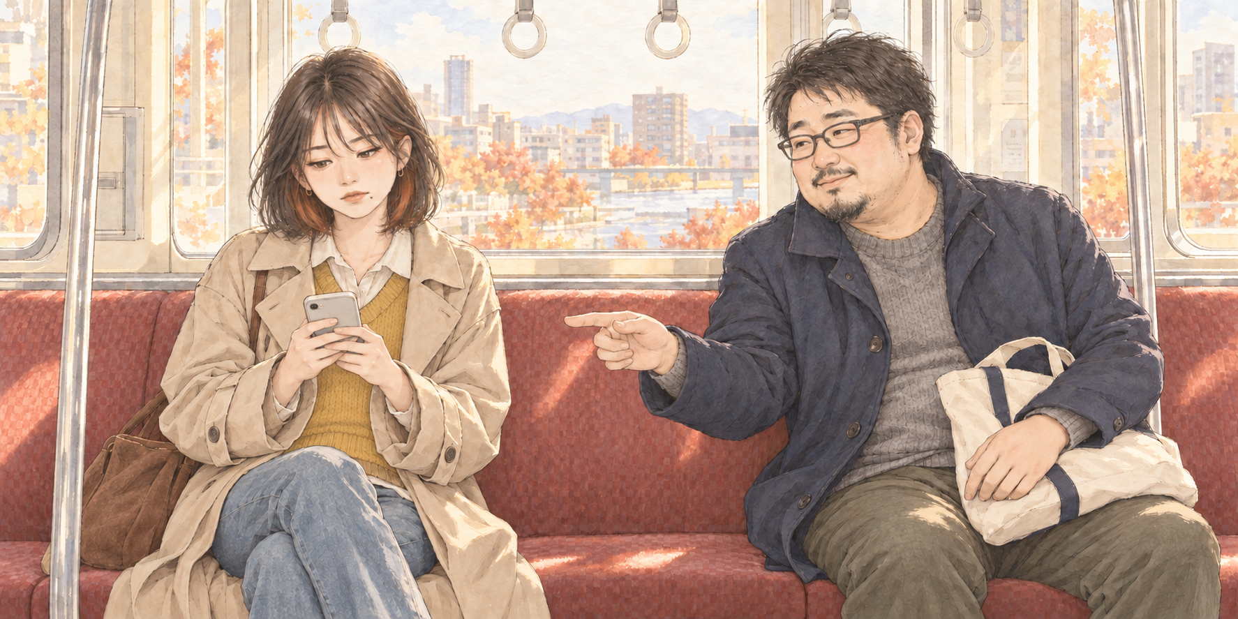 週末の電車で並んで座り、スマートフォンの取引画面を見るミサキと塾長