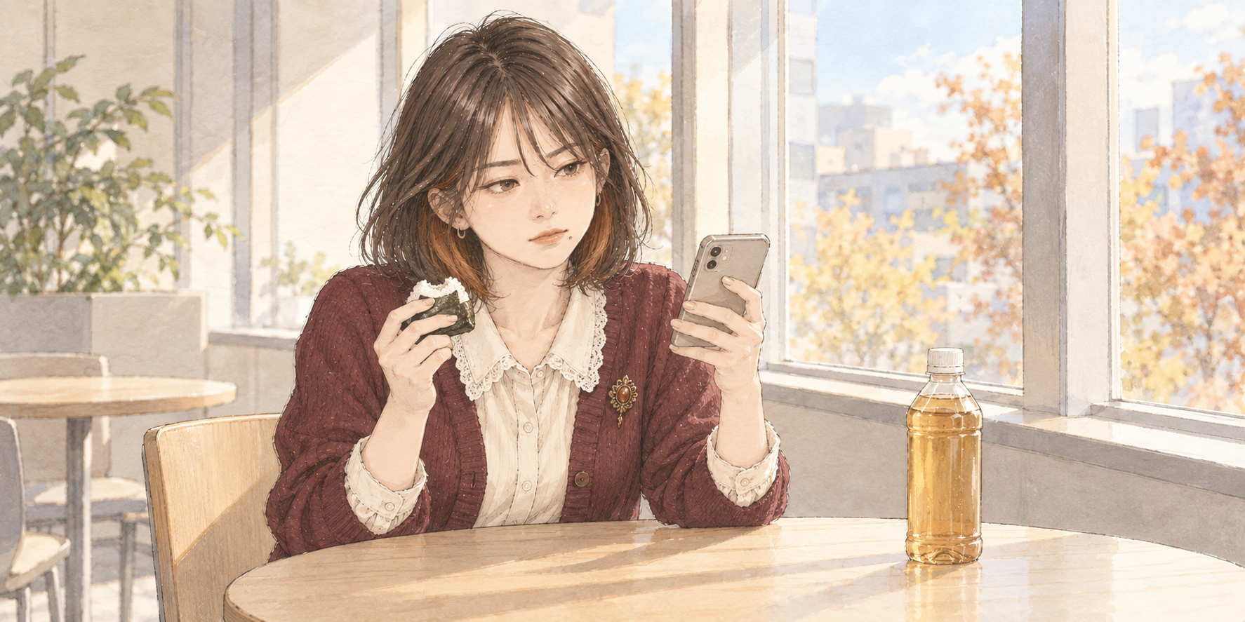 昼休みの休憩スペースで、おにぎりを片手にスマートフォンのメッセージを見るミサキ