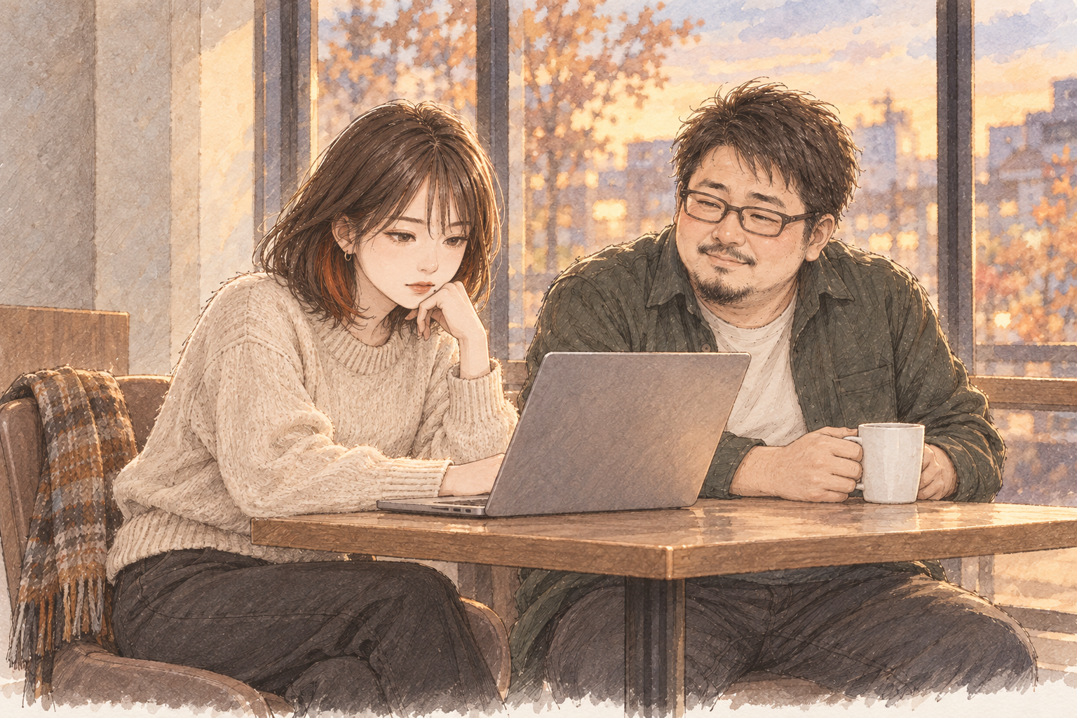 晩秋のコワーキングスペースで、ノートパソコンの画面をのぞき込むミサキと、向かいでコーヒーを持つ塾長