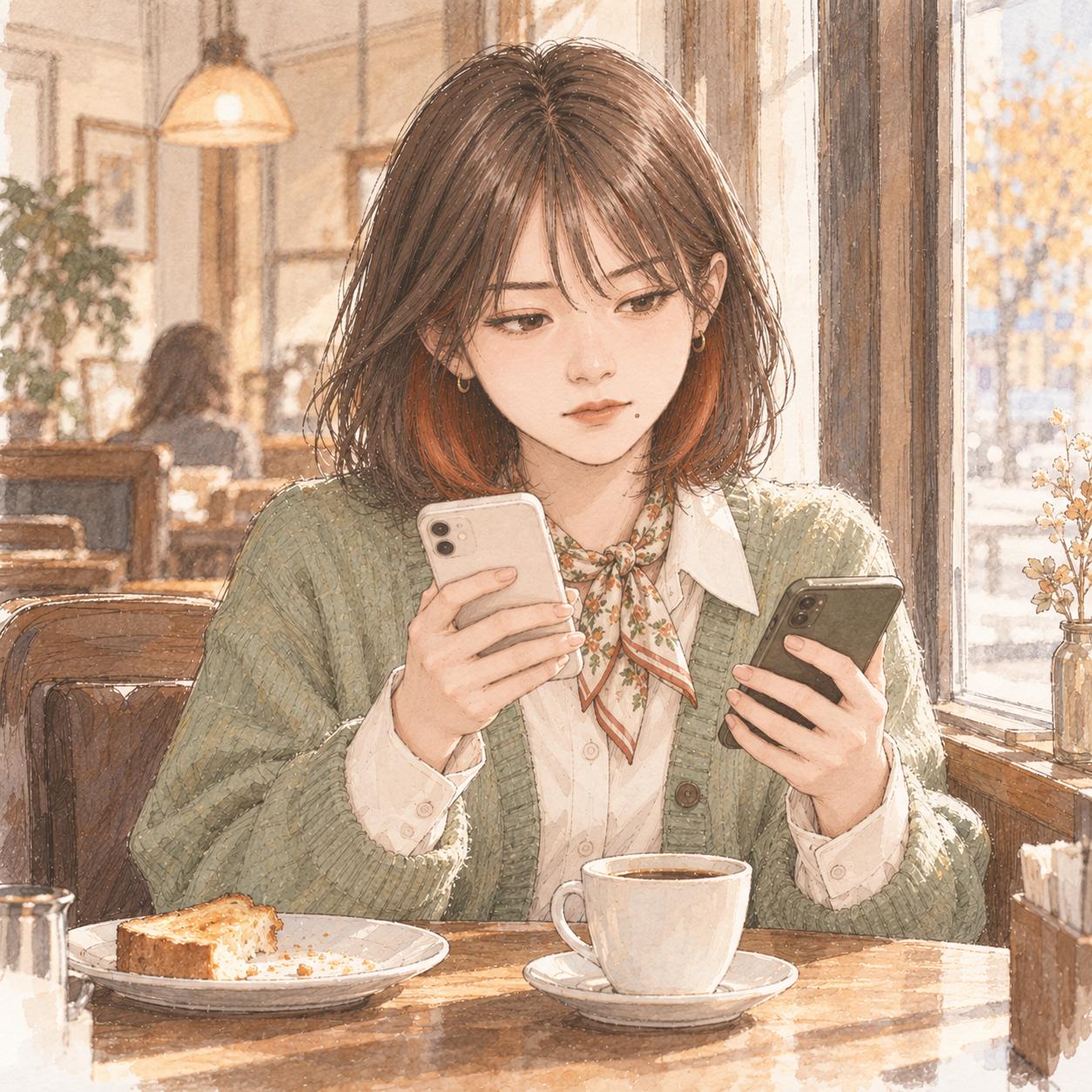 晩秋の朝の喫茶店の窓際で、トーストの皿を脇に寄せ、スマートフォンの画面を見比べるミサキ
