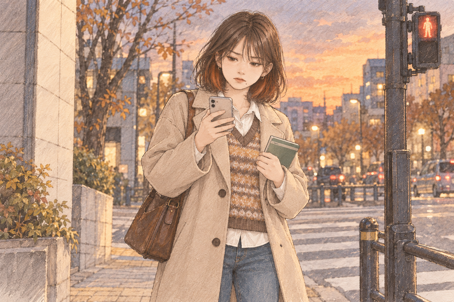 晩秋の夕方、銀行からの帰り道で、片手に通帳、片手にスマートフォンを持って立ち止まるミサキ