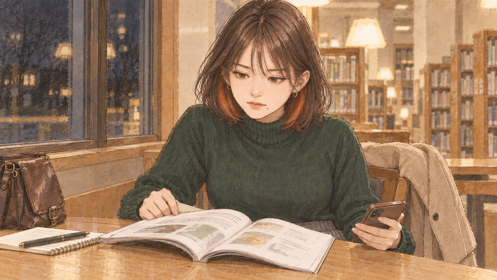 晩秋の夜の図書館で、入門書を開いたまま手を止め、ページの見出しを見つめるミサキ