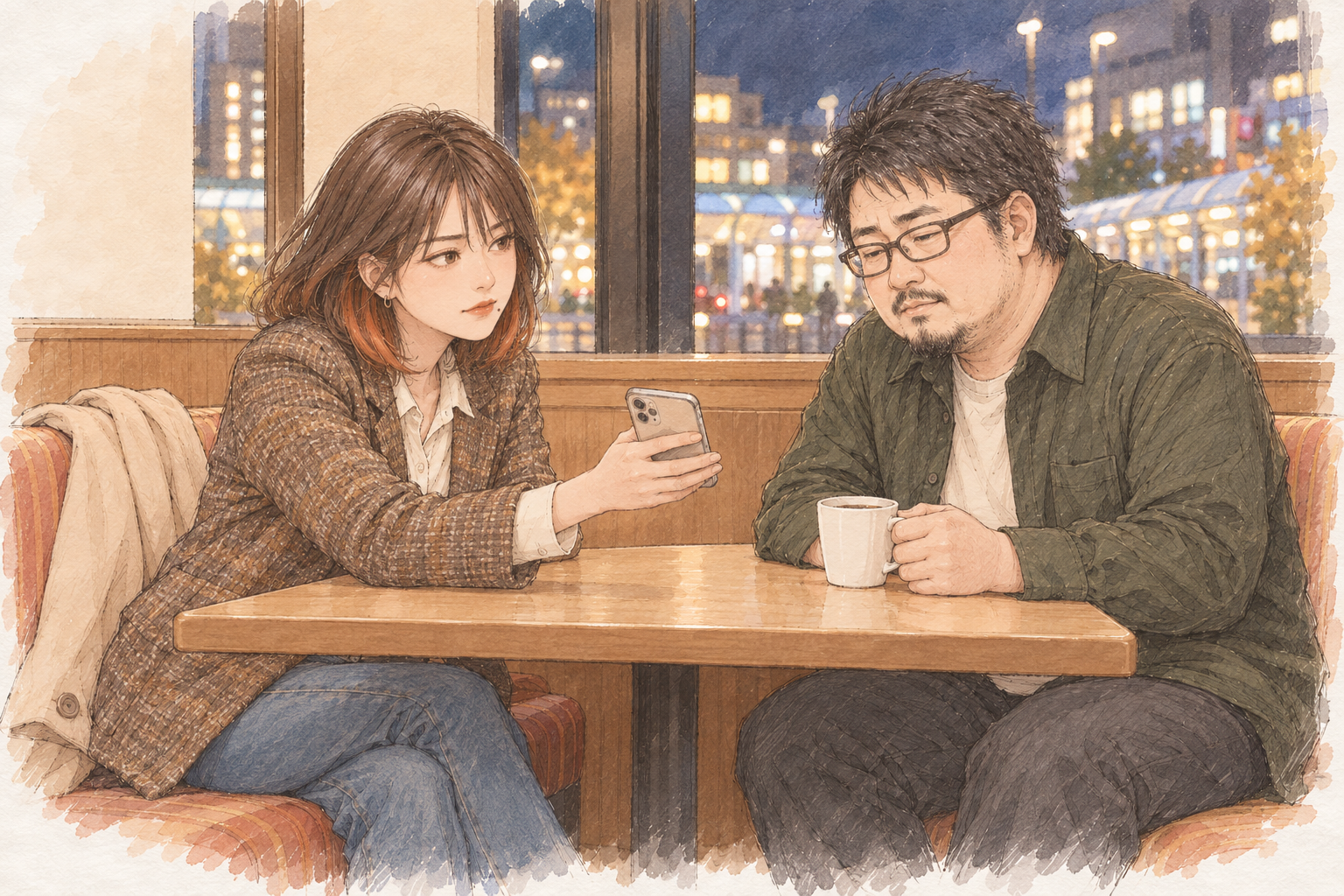 晩秋の夜のファミレスで、テーブルをはさんで向かい合い、スマートフォンの画面を見せるミサキと、コーヒーカップを置いて黙る塾長