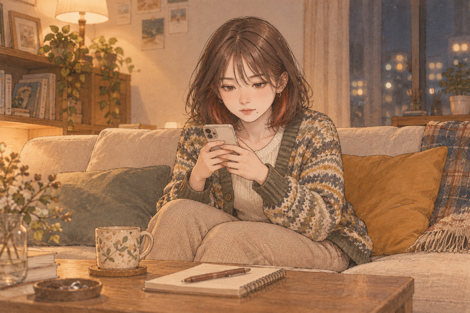 晩秋の夜、自分の部屋のソファで、スマートフォンを両手で持ったまま考え込むミサキ