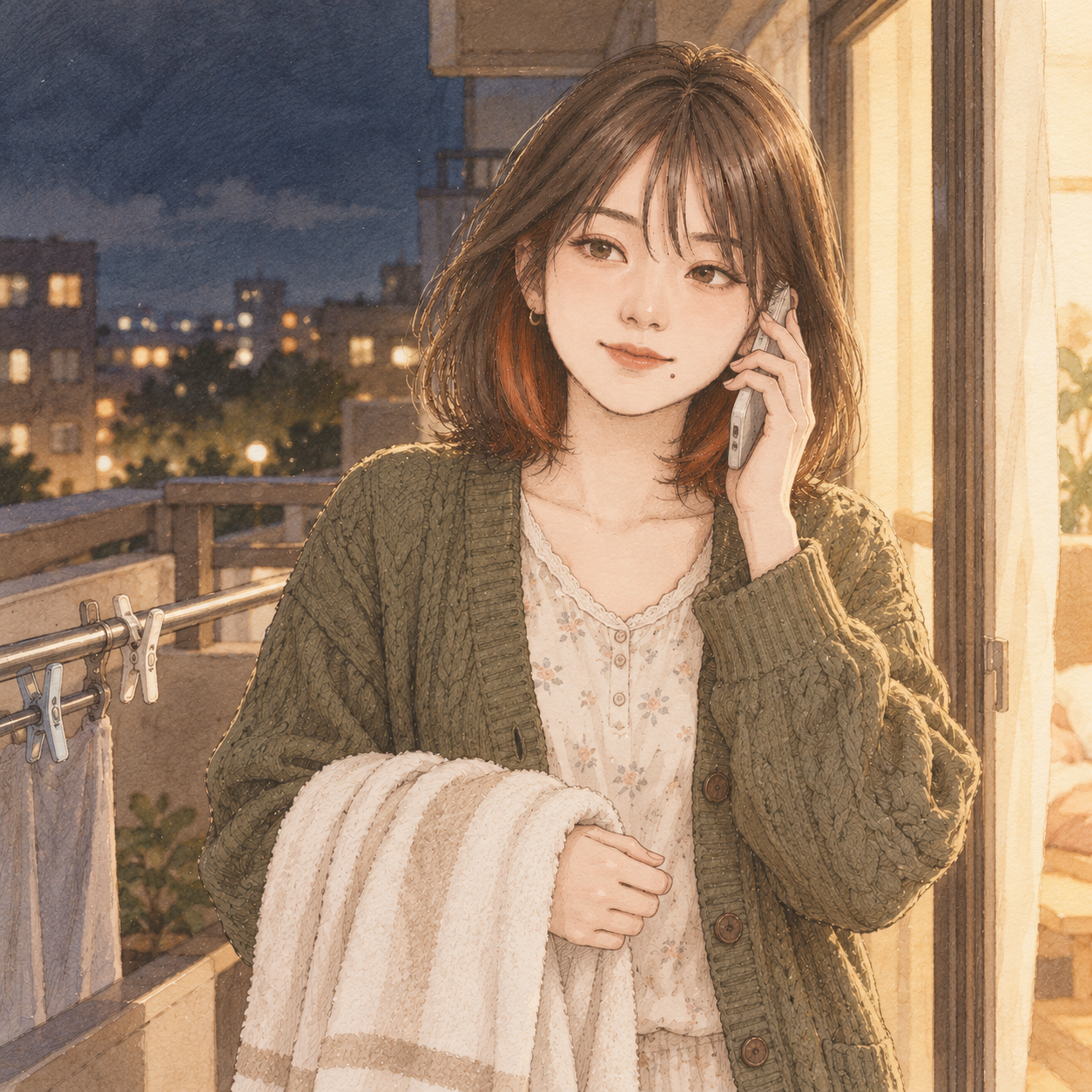 晩秋の夜、自宅のベランダで、取り込んだタオルを腕にかけたまま、スマートフォンを耳に当てて話すミサキ