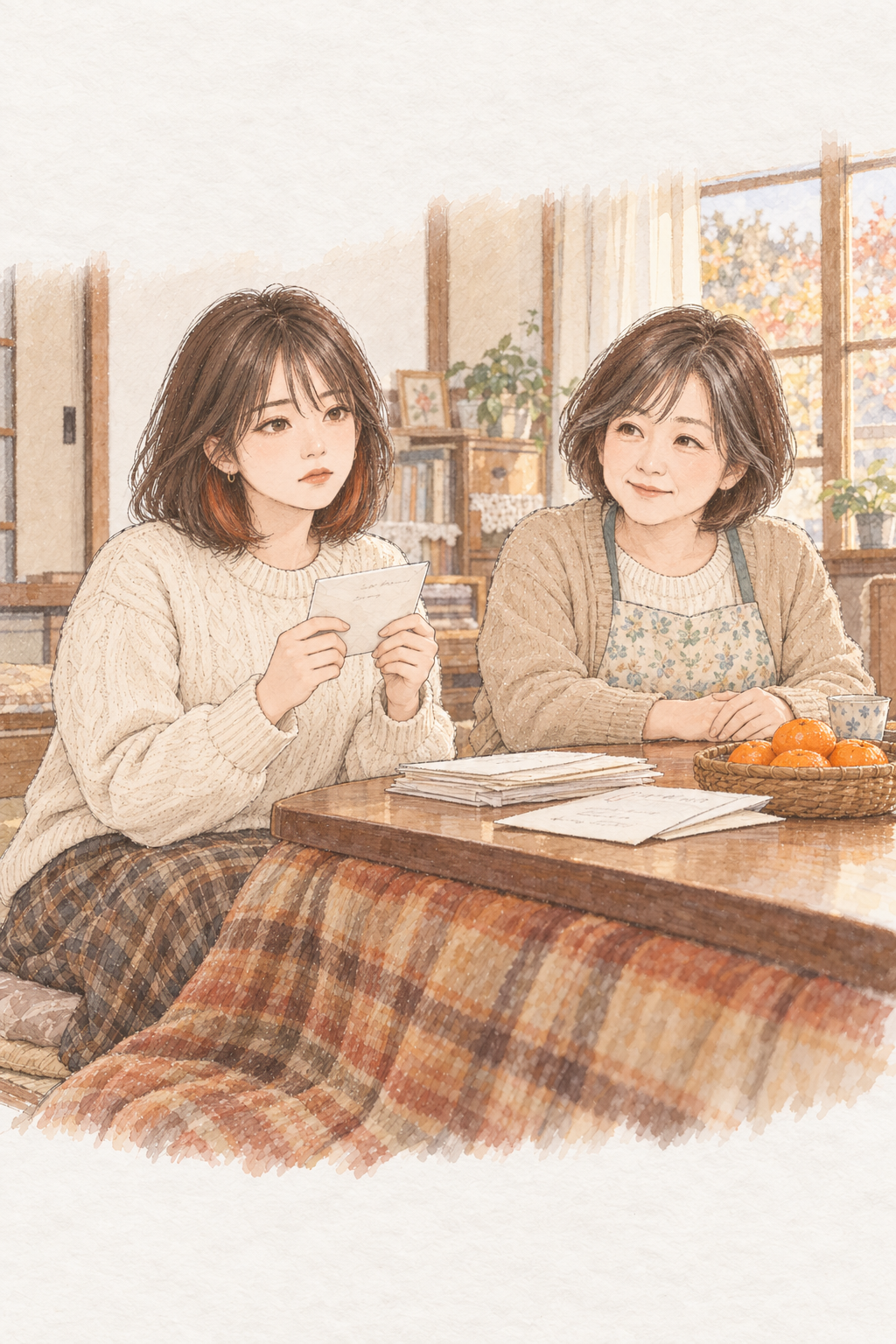 晩秋の昼、実家の居間のこたつで、書類を広げてミサキを見る母と、銀行の封筒を一通手にして考えるミサキ