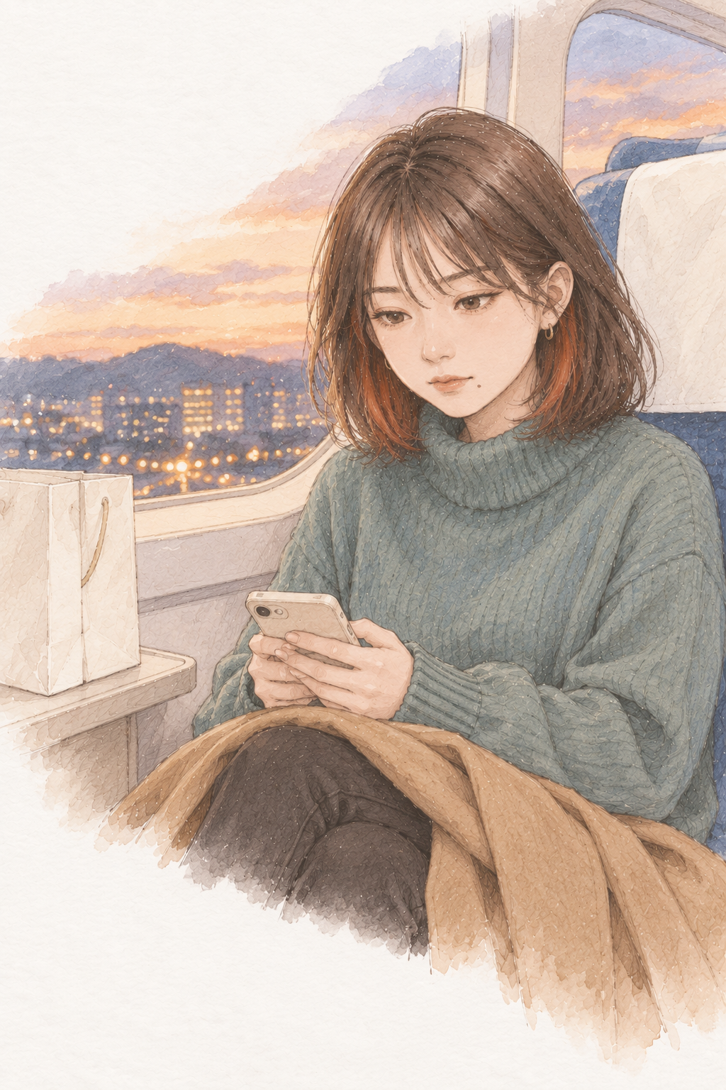 晩秋の夕方、帰りの新幹線の窓際の席で、スマートフォンに写した書類の写真を見返すミサキ