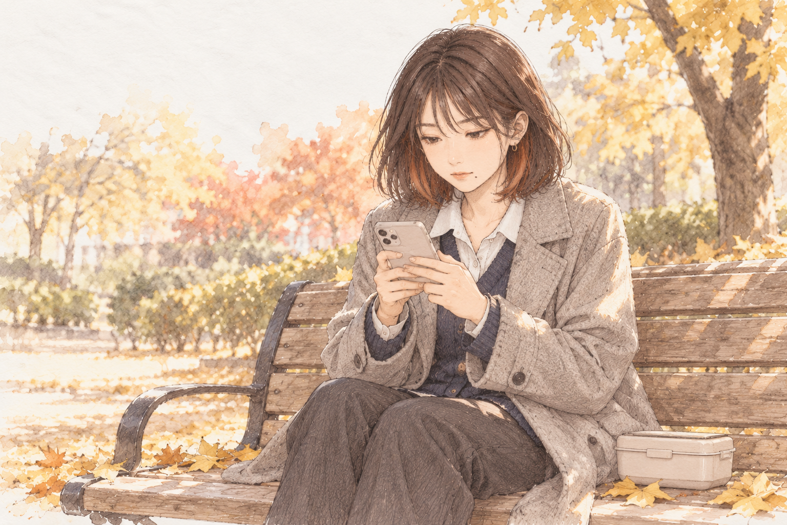 晩秋の昼休み、公園のベンチでお弁当を横に置いたまま、スマートフォンの電卓で計算するミサキ