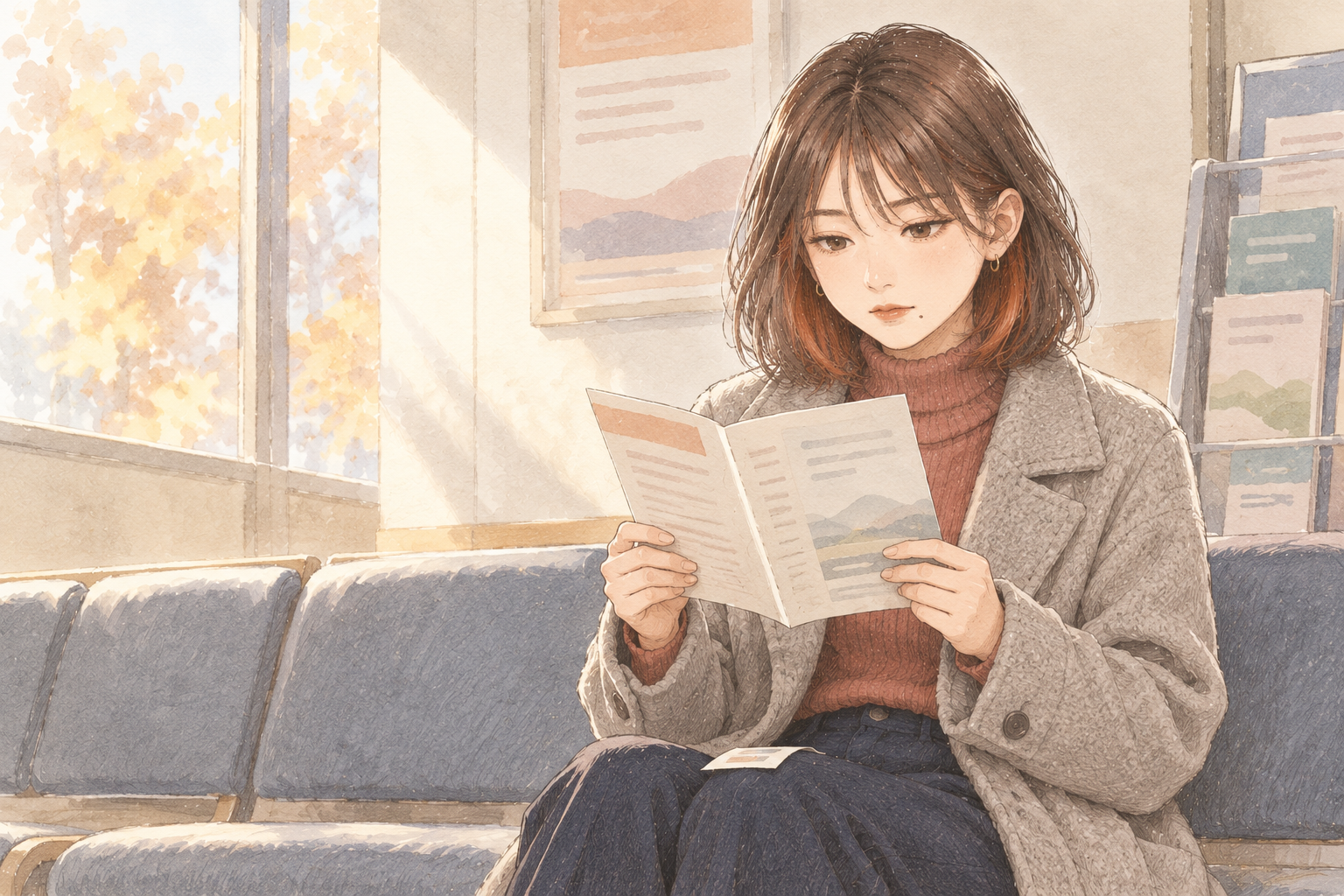 晩秋の昼、銀行のロビーの長いすに座り、投資信託のパンフレットを両手で持って、裏の小さな字を読むミサキ