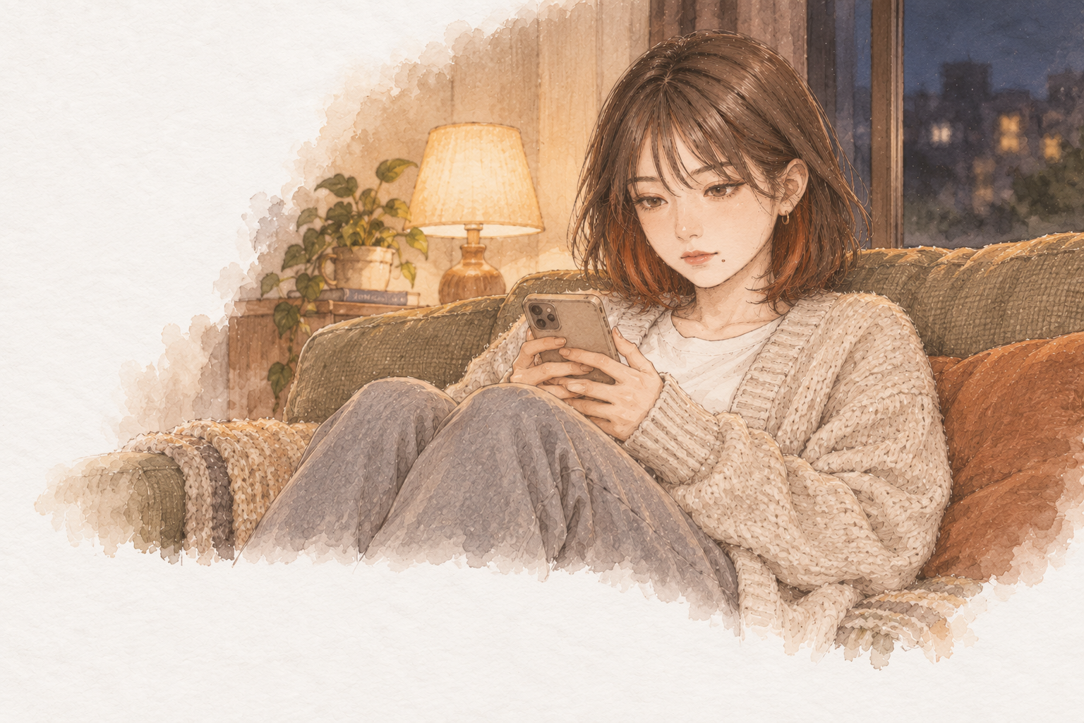晩秋の夜、自宅のソファに座り、スマートフォンでNISAの画面を見つめるミサキ