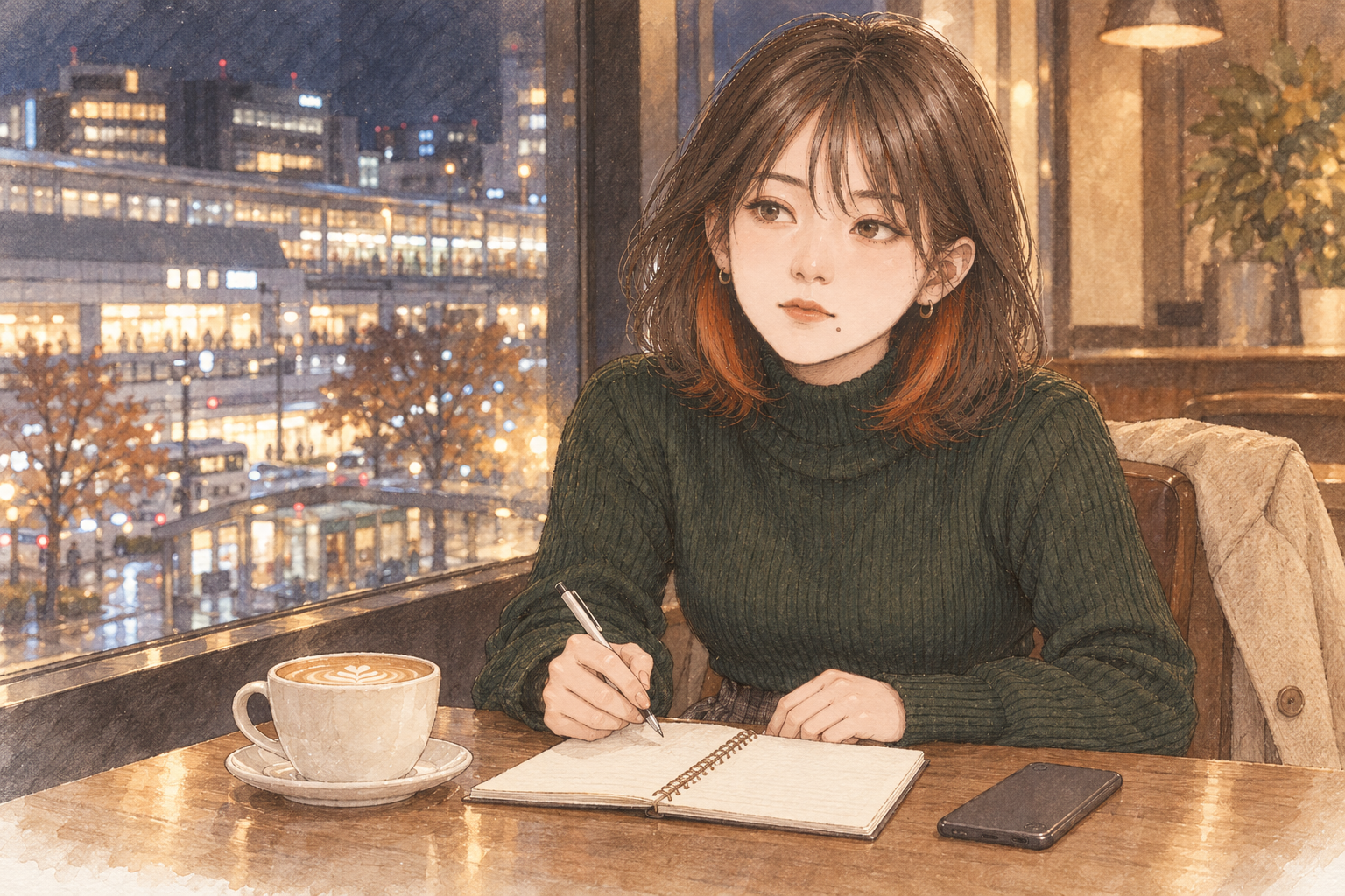 晩秋の夜、駅ビルのカフェの窓際の席で、カフェラテを横に置き、メモ帳にペンで書き出しながら考えるミサキ