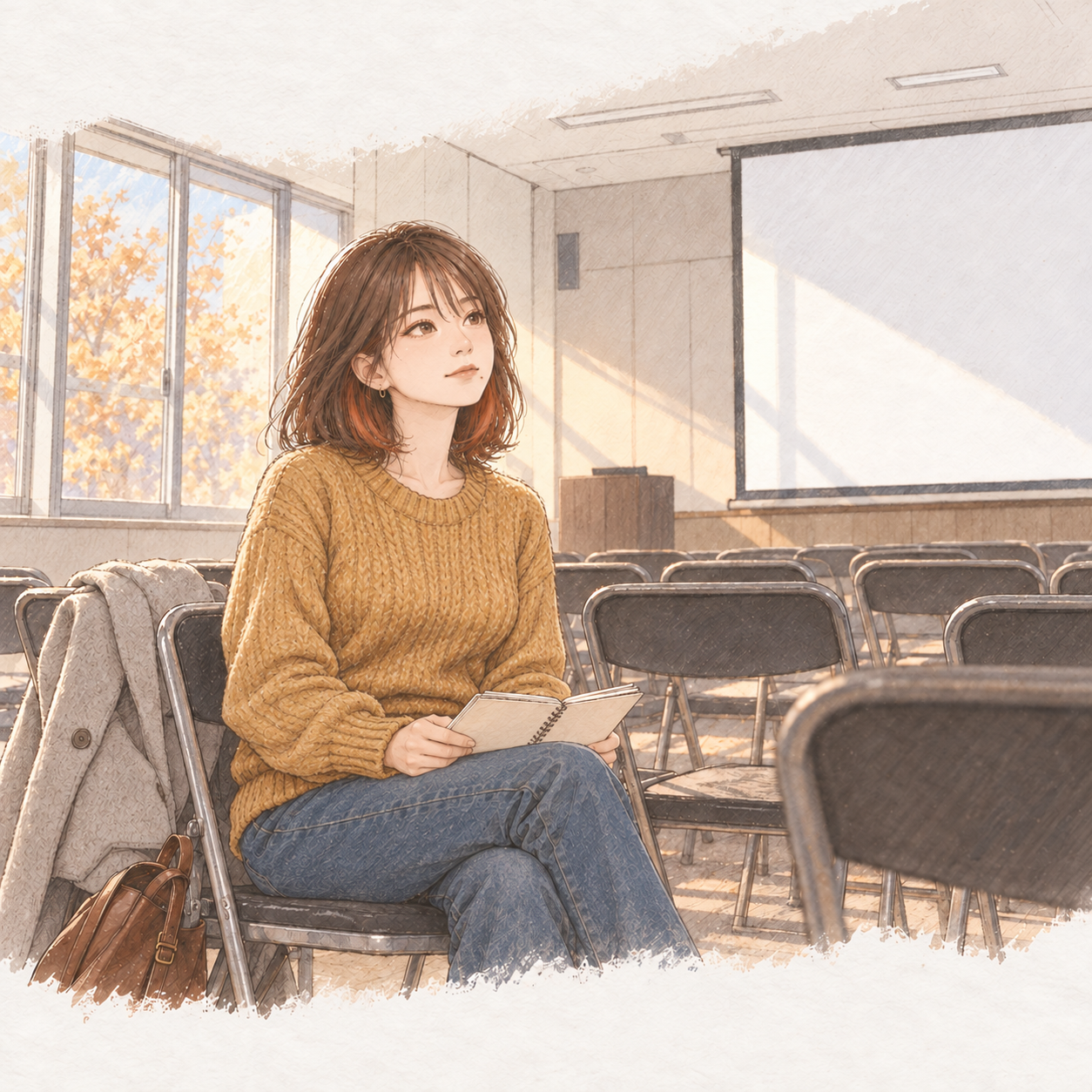 晩秋の土曜の午後、まだ誰もいない勉強会の会場の後ろの席に座り、膝の上のメモ帳を見ながら、前のスクリーンを見上げるミサキ